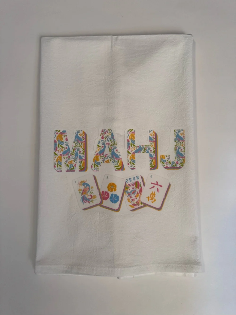 Mahjong Mahj Decorative White Tea Towel with Colorful Mahjong Motif